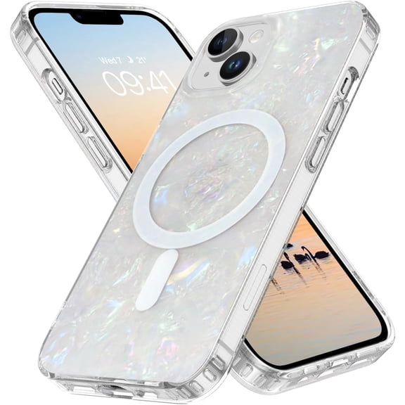 Case for iPhone 14 / iPhone 13 Phone Case 6.1-Inch, [Compatible with MagSafe] Magnetic Slim Glitter Bling Sparkly Pearl Mother-of-Pearl Seashell Women Girly Shockproof Protective Cover, White