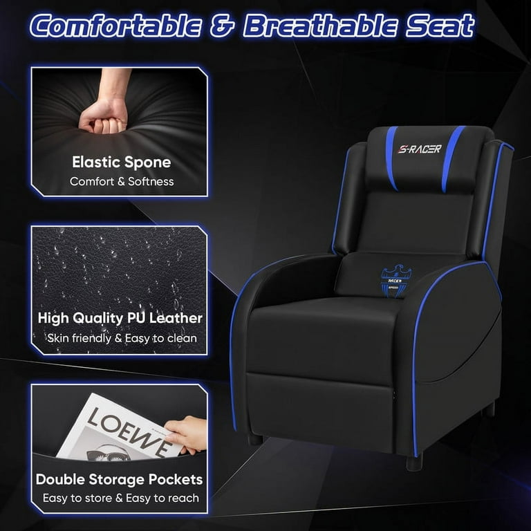 Homall Massage Gaming Recliner Chair Video Game Chair Racing Sofa Chair PU Leather Living Room Sofa Single Home Theater Seating Blue
