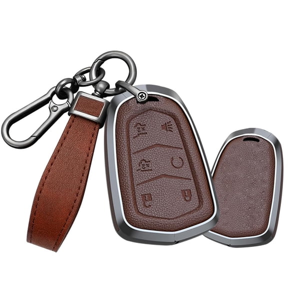 Heavy Duty Metal Key Fob Cover Case for Cadillac Escalade ESV – 6 Button Leather Key Shell Protector with Full Protection Design and Premium Keychain Holder