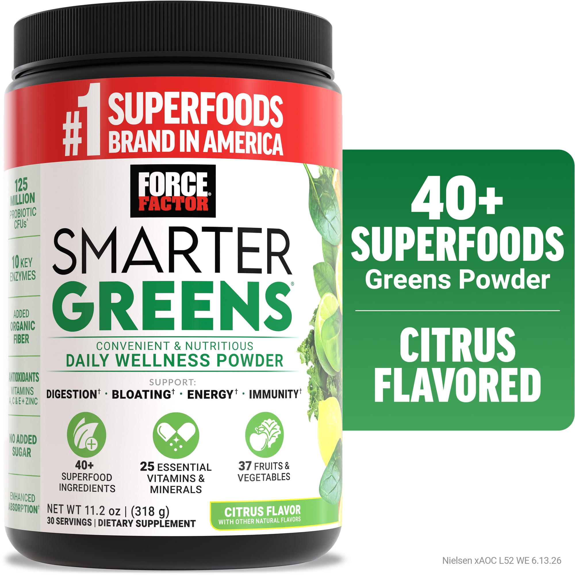 Force Factor Smarter Greens Daily Wellness Powder, Greens Powder with Probiotics for Bloating, Gut Health, Digestion & Energy, Citrus, 30 Servings