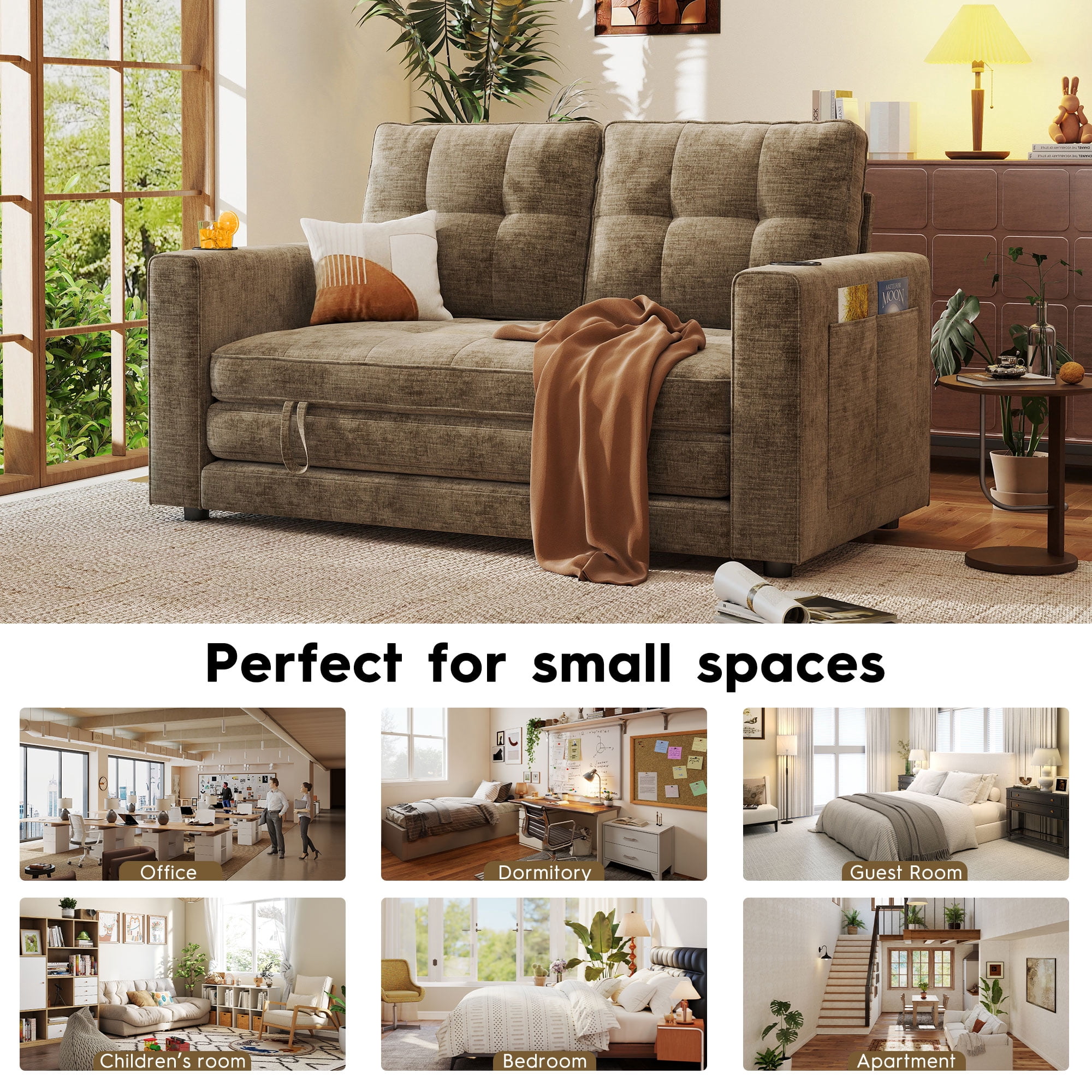 BedLuxury 55" Foldable Loveseat Futon Sofa Bed with Cup Holder & Storage Pocket, Sleeper Couch, Space Saving, Chenille Brown