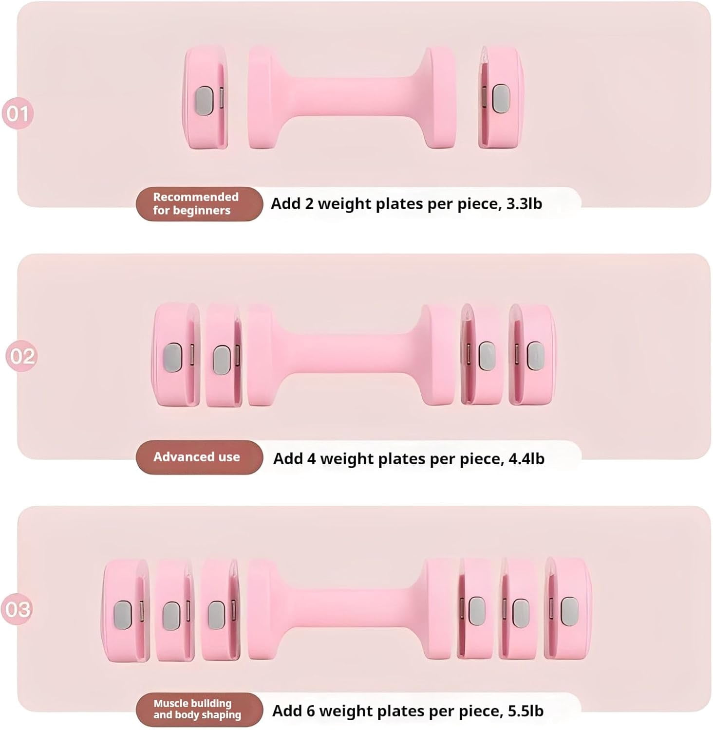 Adjustable Dumbbell Set of 2, 4-in-1 Free Weights for Women with Fast Adjustment, Home Gym & Outdoor Exercise Training, Includes 2.2lb 3.3lb 4.4lb 5.5lb Hand Weights, Compatible with Kettlebells