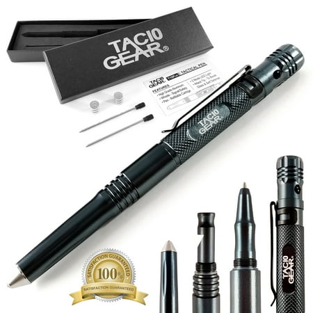 - TAC10 GEAR Tactical LED Flashlight Pen - 2 Light Modes + Glass Breaker - Self Defense Tip + Alert Whistle + 2 Sets Of Batteries + Extra ink + Gift Box (QTY 1, Black)