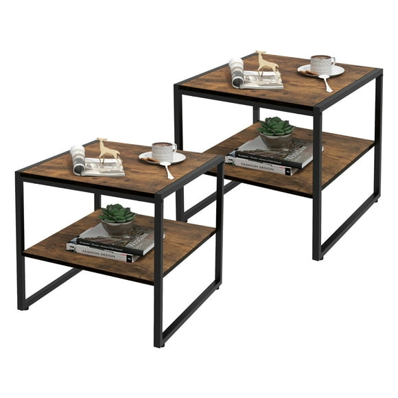 Topbuy Ensemble de 2 Tables d'Appoint Carrées Table d'Appoint à 2 Niveaux avec Tablette Ouverte Cadre en Métal Table à Thé Industrielle à Côté du Sofa et du Lit Table de Nuit Compacte pour Petit Espace