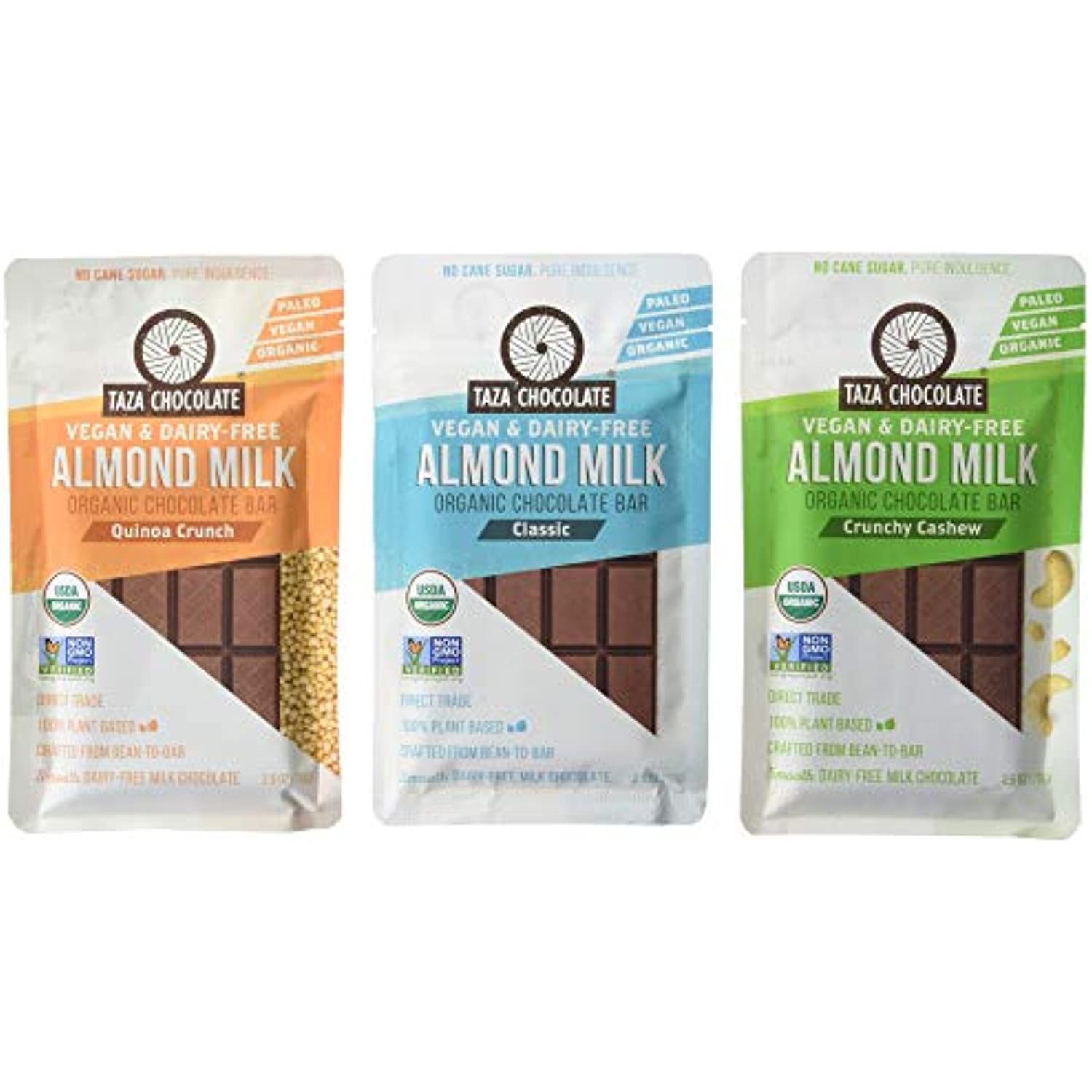 Taza Chocolate Organic Almond Milk Chocolate Variety Pack, 3Count, Vegan, Resealable Pouch, 2.5