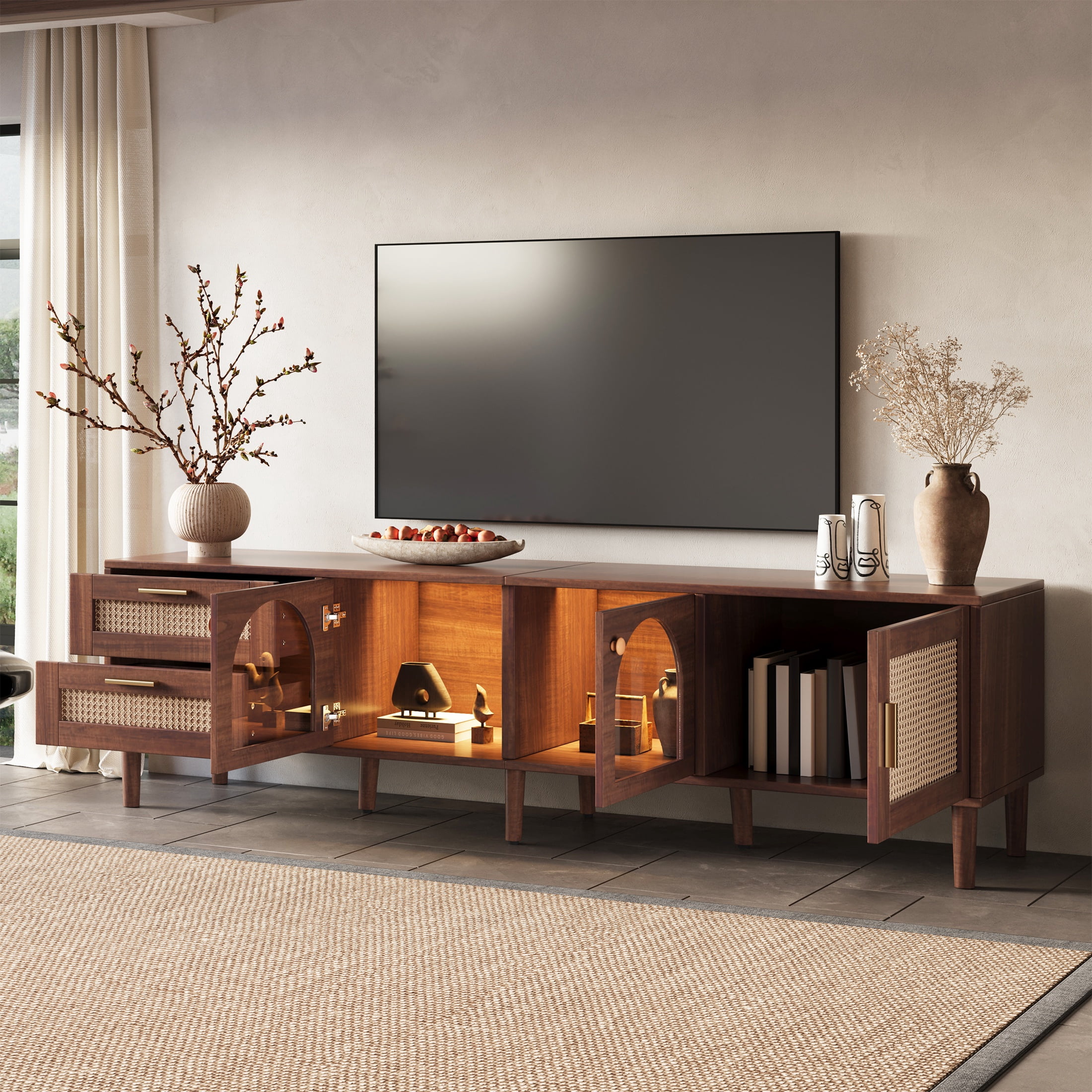 PORKISS LED TV Stand for 80 Inch TV, Entertainment Center with LED Lights and Storage Shelves, Media Console with Glass Transparent Board for Living Room, Dark Brown