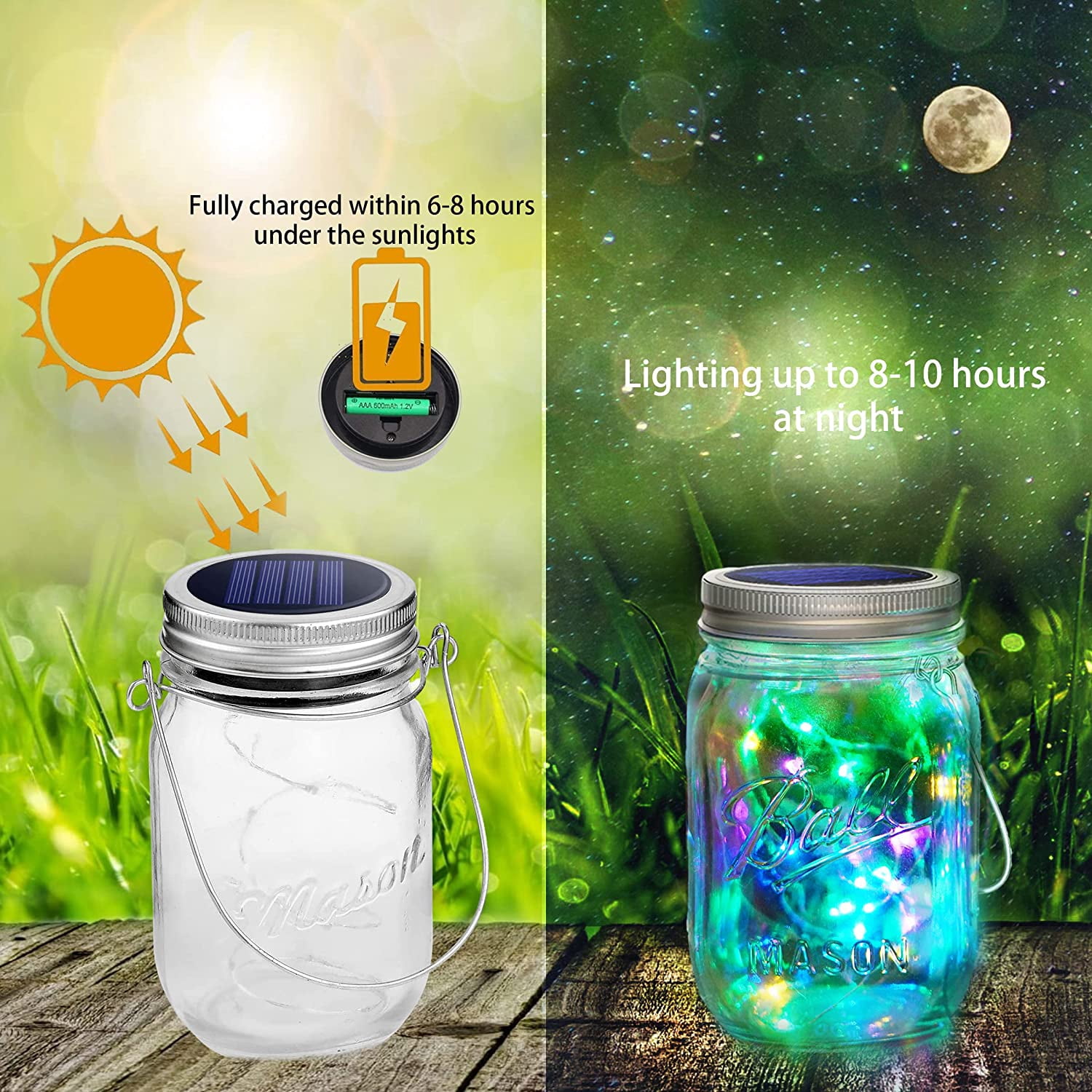 Puseky Mason Jar Solar String Lights Lid, Upgraded Antirust Waterproof 6 Pack 20 LED Jar Lid String Lights Set with 6 Hangers, Perfect for Patio Garden Wedding, Easter Decoration, White