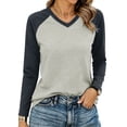 thumbnail image 5 of Women V Neck Raglan Color Block Long Sleeve T-Shirt Loose Relaxed Fit Contrast Sleeve Solid Spliced Casual Basic Top Fashion Versatile Layering Tee for Autumn Winter, 5 of 7