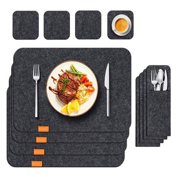 Juego De Manteles Individuales De Fieltro De 8 Piezas Con Posavasos Y Bolsas Para Utensilios, Tapete De Mesa Resistente Al Calor Para Proteger La Mesa De Comedor, Tapetes