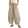 thumbnail image 7 of Kilaqueen Women's Cropped Lace Hem Wide Leg Pants Summer Casual Drawstring High Waist Ruffle Boho Beach Vacation Barrel Palazzo Trousers, 7 of 7