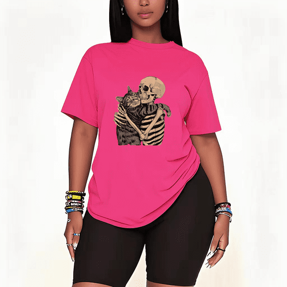 Womens 2 Piece Oversized Lounge Outfit Casual Summer Sets Skeleton Hugging Cat Graphic Funny Halloween Printed Crew Neck T-Shirt and Shorts Matching Clothing Set-Pink-4XL