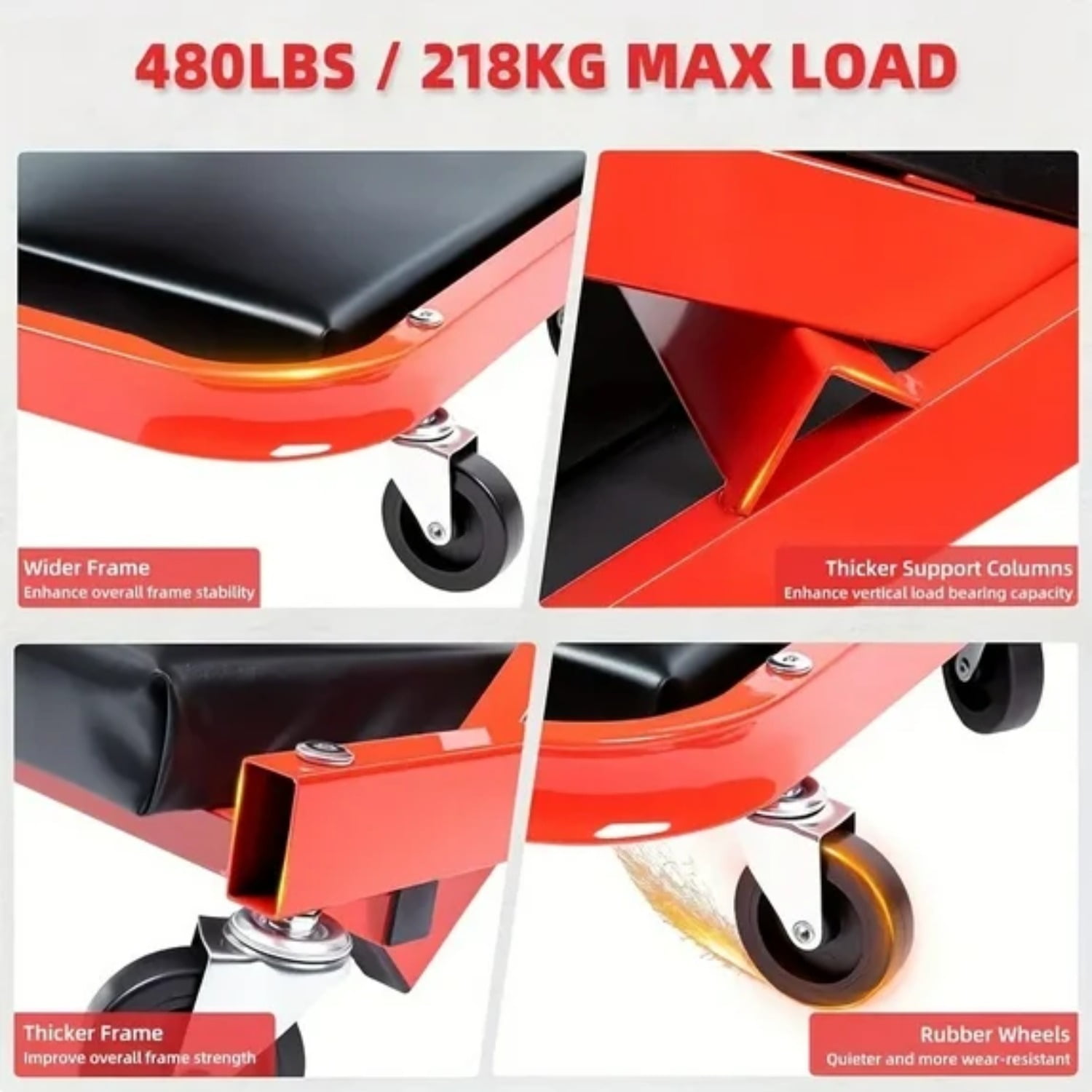 InBrave  36" 2-in-1 Folding Creeper and Seat, Triplex Foldable Mechanic's Creeper with 6 Swivel Casters, Low Profile Garage Stool, 330 lbs Capacity (Red)