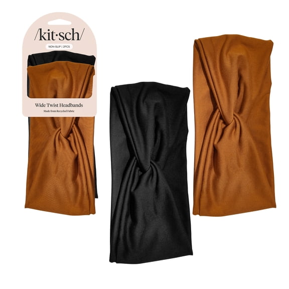 Kitsch Recycled Fabric Fashion Headband, Black and Camel, 2 Pack