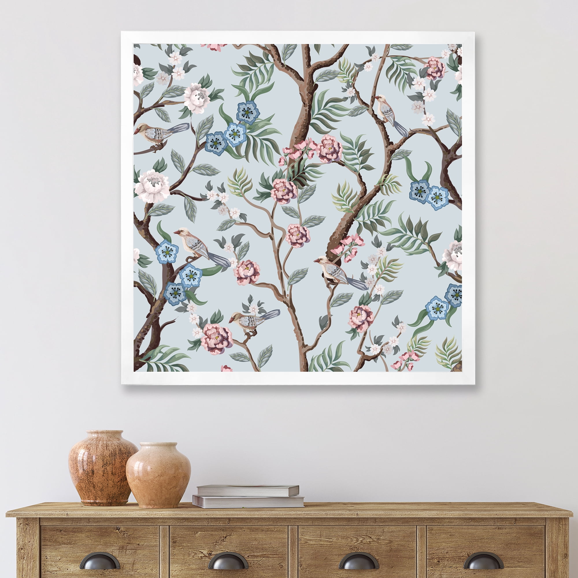 Designart 'Birds and Peonies With Chinoiserie X' Traditional Framed Art Print