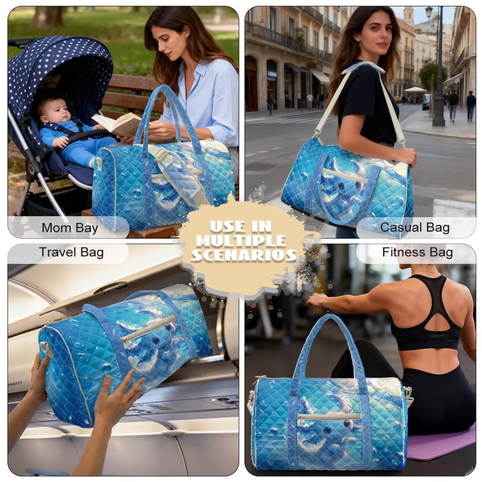 Garronmavis Cute Blue Axolotl Print Large Quilted Duffle Bag for Women, Weekender Travel Bag Carry On Tote Overnight Gym Dance Bag with Zipper Pockets