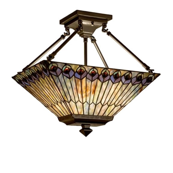 16"L Tiffany Jeweled Peacock Oblong Semi-Flushmount