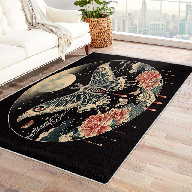 Moth Rugs for Bedroom - 4x5 Rug - Moth Rug - Peony Butterfly Area Rug - Aesthetic Floral Moon Rugs - Girls Flower Black Carpet