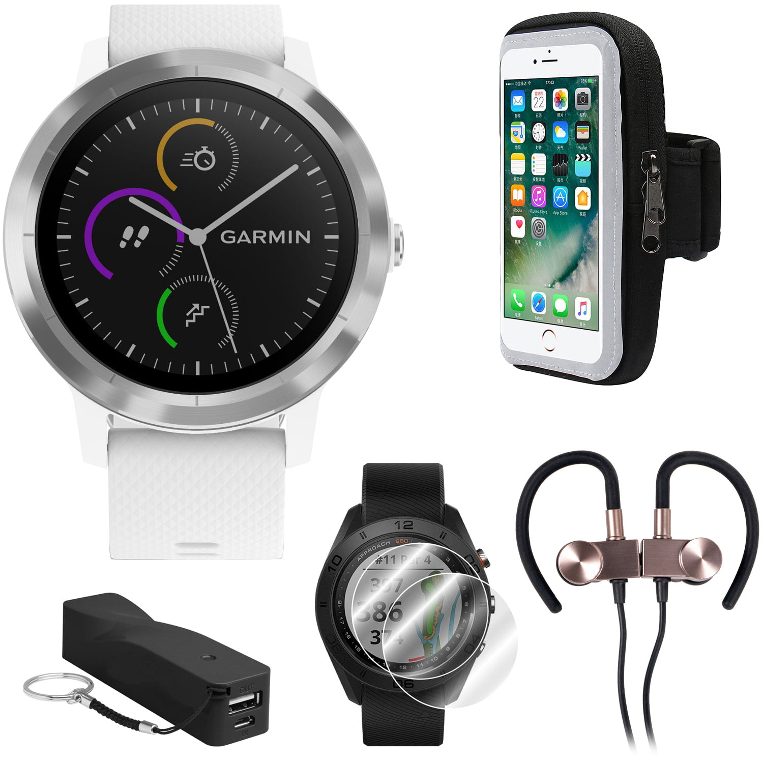 Garmin Vivoactive GPS Fitness Smartwatch w/ Deco Gear Runner Bundle - White+Stainless