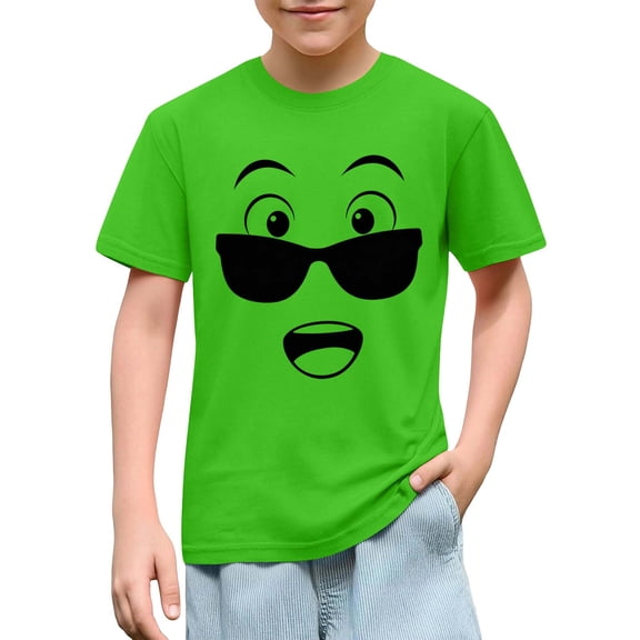 DAETIROS Soft Breathable 100% Cotton Boys Green Emoji Sunglasses T-Shirt Short Sleeve Crew Neck Graphic Tee,Size 7 T