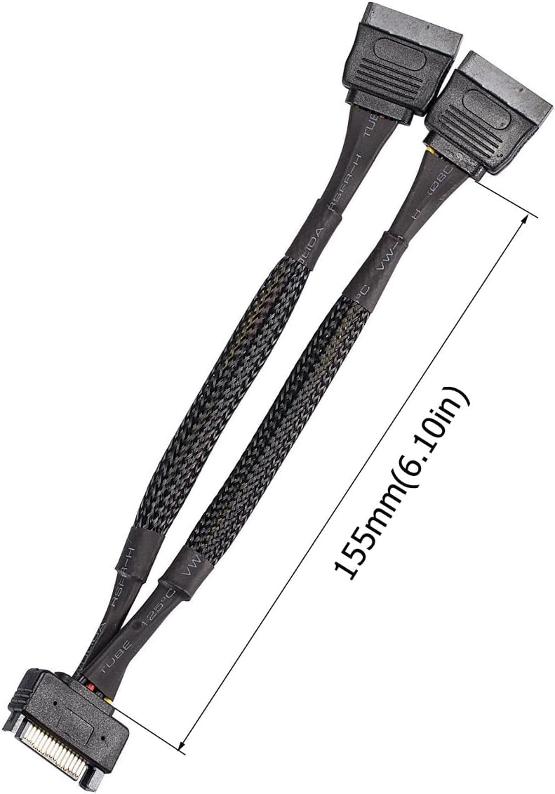 HRTGFD-SATA Power Splitter Cable (2 Pack) SSD Power Cable HDD Power Cable Hard Drive Power Cable 6-Inch/15cm SATA 15 Pin Male to 2xSATA 15 Pin Female Power Y-Splitter Extension Cable