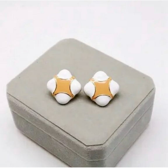 Clip on 3/4" gold and white color block button style earrings