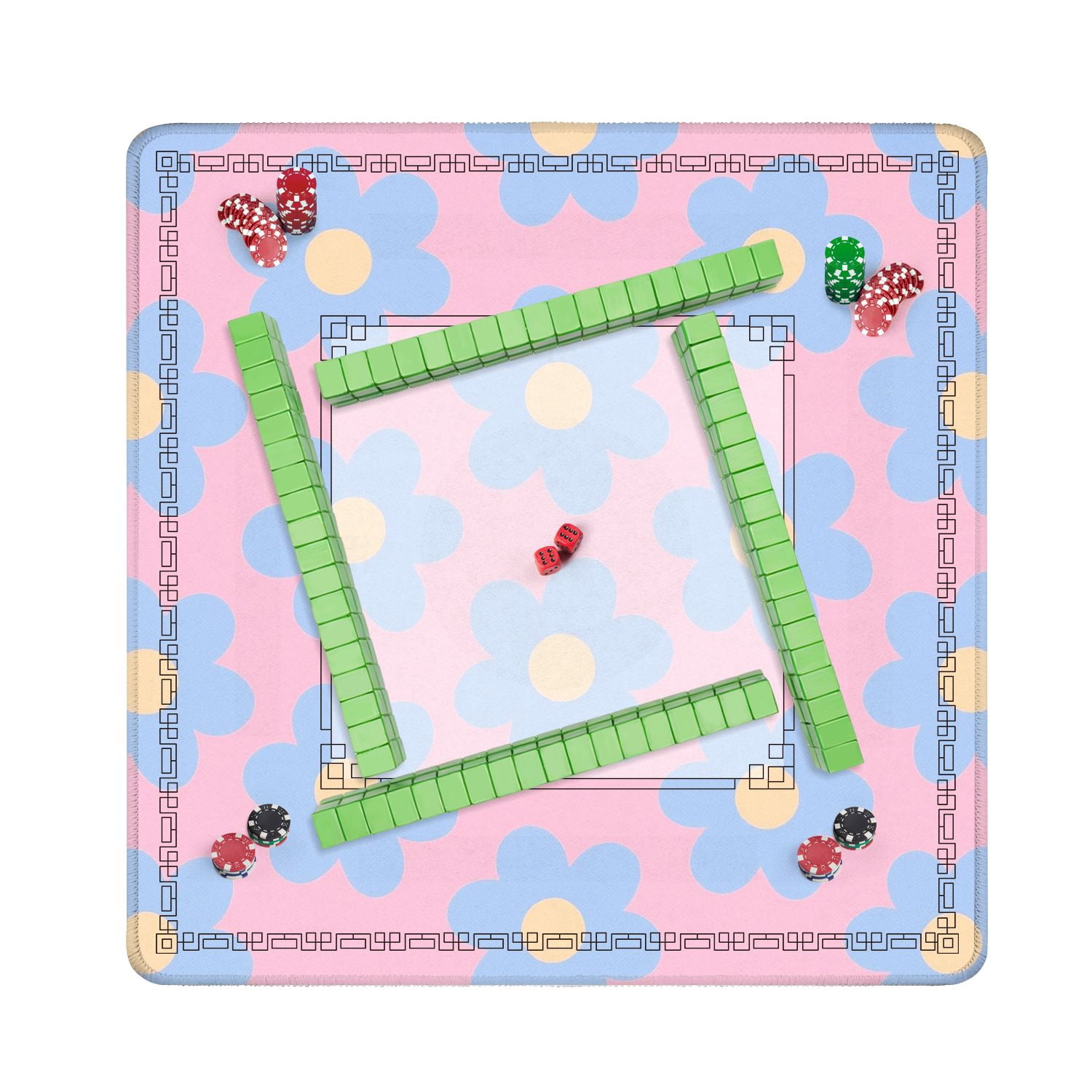 Mahjong Mat 31.5" x 31.5" Soft Blue Daisy Flower Pink Non-Slip Noise Reduction American Mahjong Tiles Table Cover for Dominoes Poker Card Board Games Gift