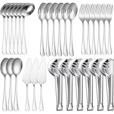 30 Pcs Stainless Steel Metal Serving Utensils Set with Slotted Serving Spoons, Serving Forks, Serving Tongs, Ladles and Pie Servers for Catering/Buffet/Chafing Dish (Silver)