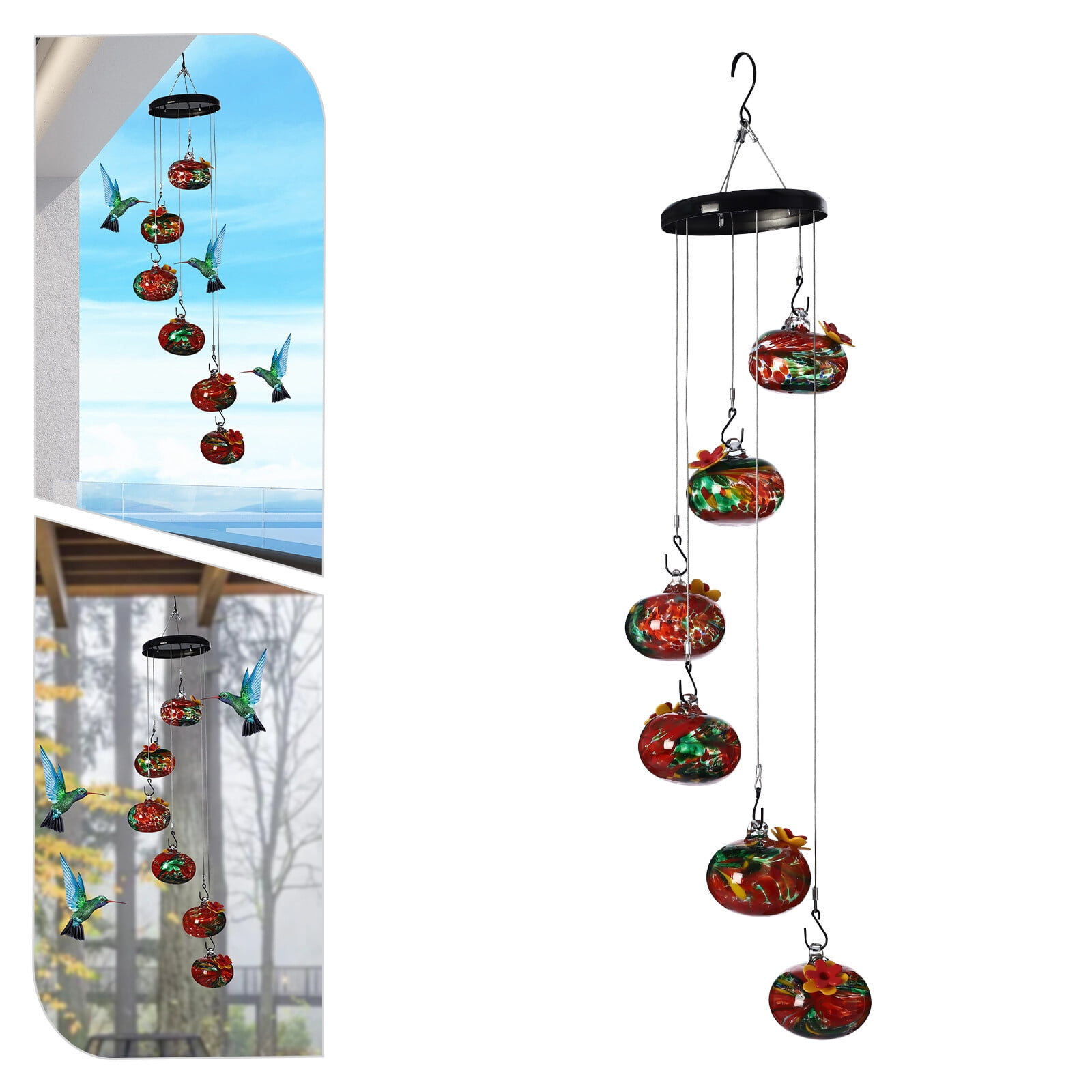 Decorative 6 Glass Balls Hummingbird Feeders, Modern Bird Feeders with Leak-Proof for Outdoor, Red