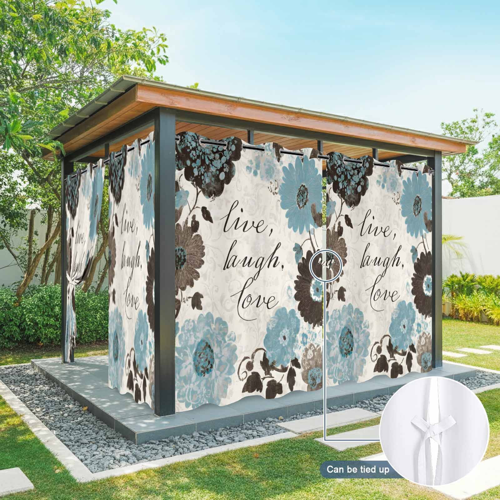 Blue Brown Flower Outdoor Curtains for Patio, Laugh Love Live Plant Farmhouse Sunshade Privacy Drapes Grommet Waterproof Outside Curtains for Porch/Cabana/Balcony 54"x 108", 1 Panel