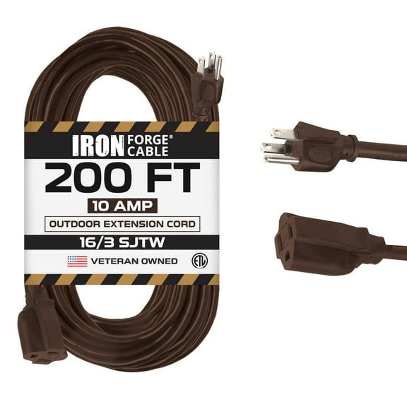 Iron Forge Cable Outdoor Brown Extension Cord 200 ft - 16 Gauge 10 Amp Heavy Duty Brown Outdoor Extension Cords 3 Prong - 16/3 SJTW Great for Outdoor