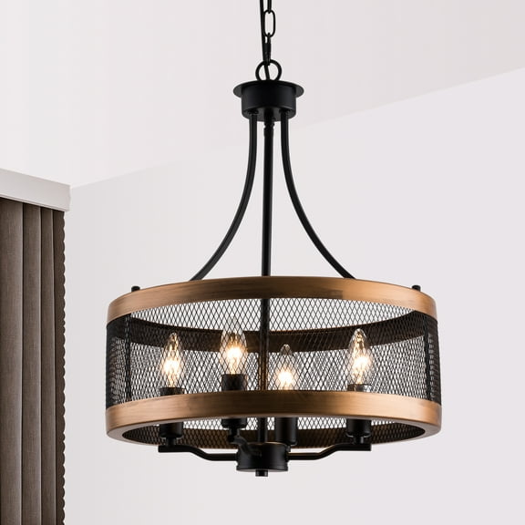 US HOME GOODS 4-Light Black Farmhouse Chandelier for Living Room, Rustic Industrial Flush Mount Ceiling Light Fixture, Metal Drum Pendant Lighting for Bedroom Hallway Kitchen Dining Room Foyer