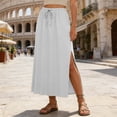 thumbnail image 3 of Linen Straight Maxi Skirt for Women Elastic High Waisted Drawstring Side Slit Casual Long Flowy Skirt with Pockets, 3 of 8