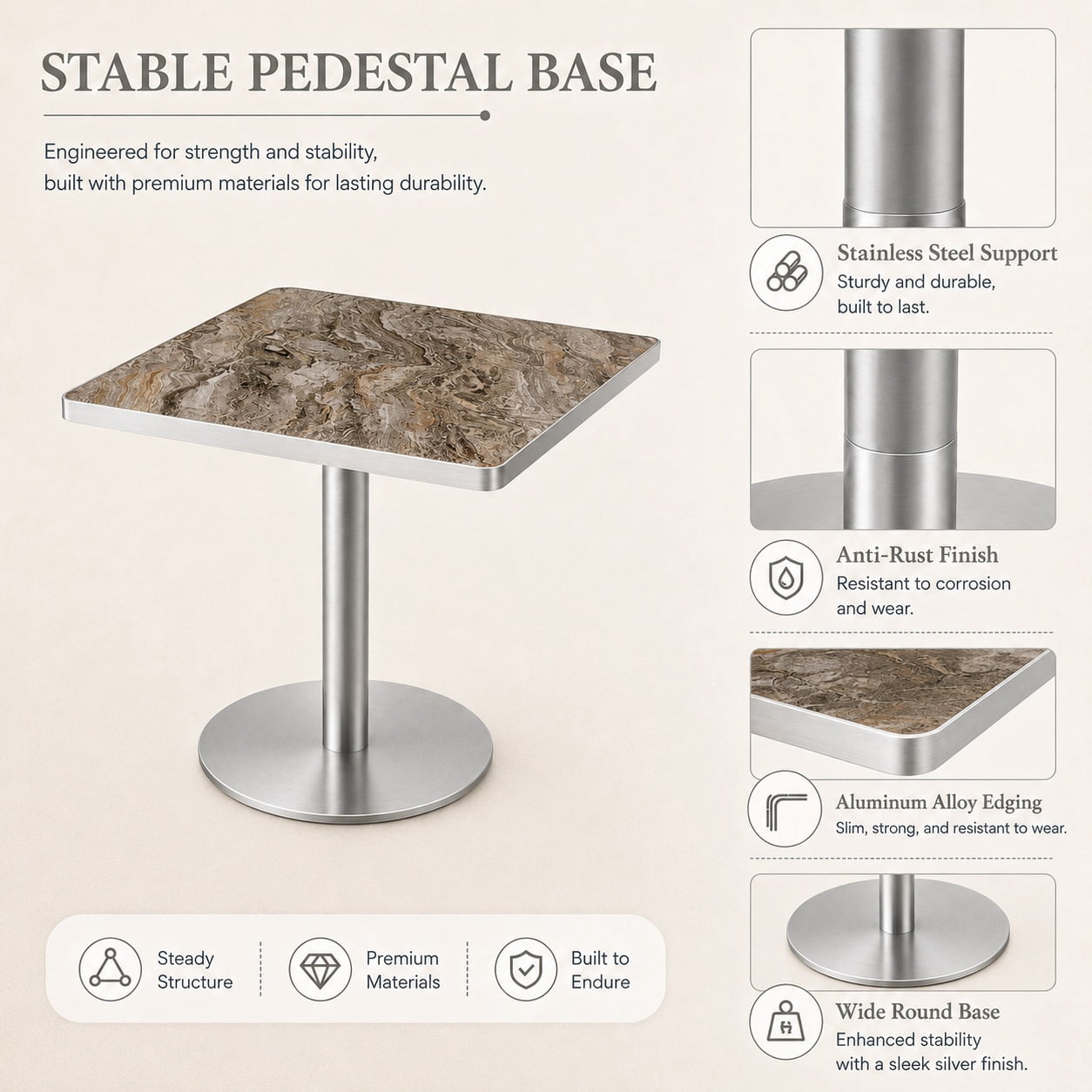 Aukfa 31.5" Square Dining Table for 2-4, Marble-Look Sintered Stone Top, Silver Pedestal Base, Small Spaces,Silver Gray Marble