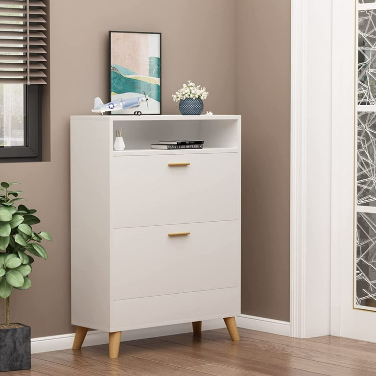 Free Shipping on Modern Entryway White Shoe Storage Narrow Shoe Cabinet  with 2 Flip Doors & 1 Drawer ｜Homary