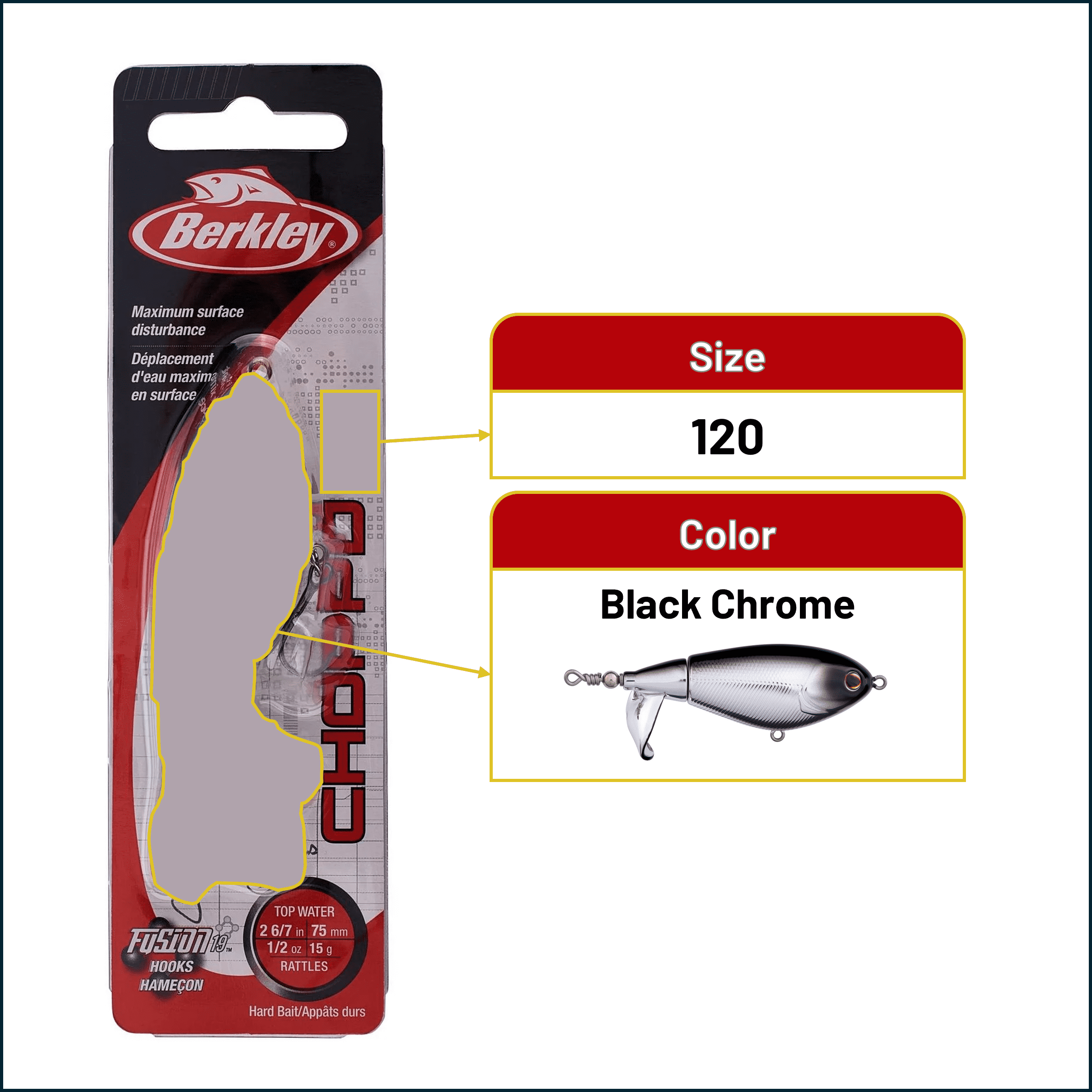 Berkley Choppo Topwater Fishing Lure, Black Chrome, Size 120