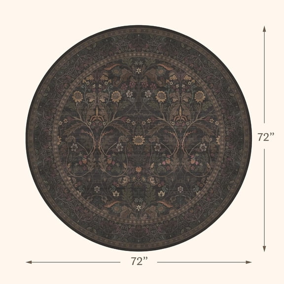 Floral 6ft Round Carpet for Dining Room Under Table, Thin Low Pile Soft Botanical Patern Area Rug for Bedroom, Living Room, Traditional Home Décor Non Skid (Black and Brown)
