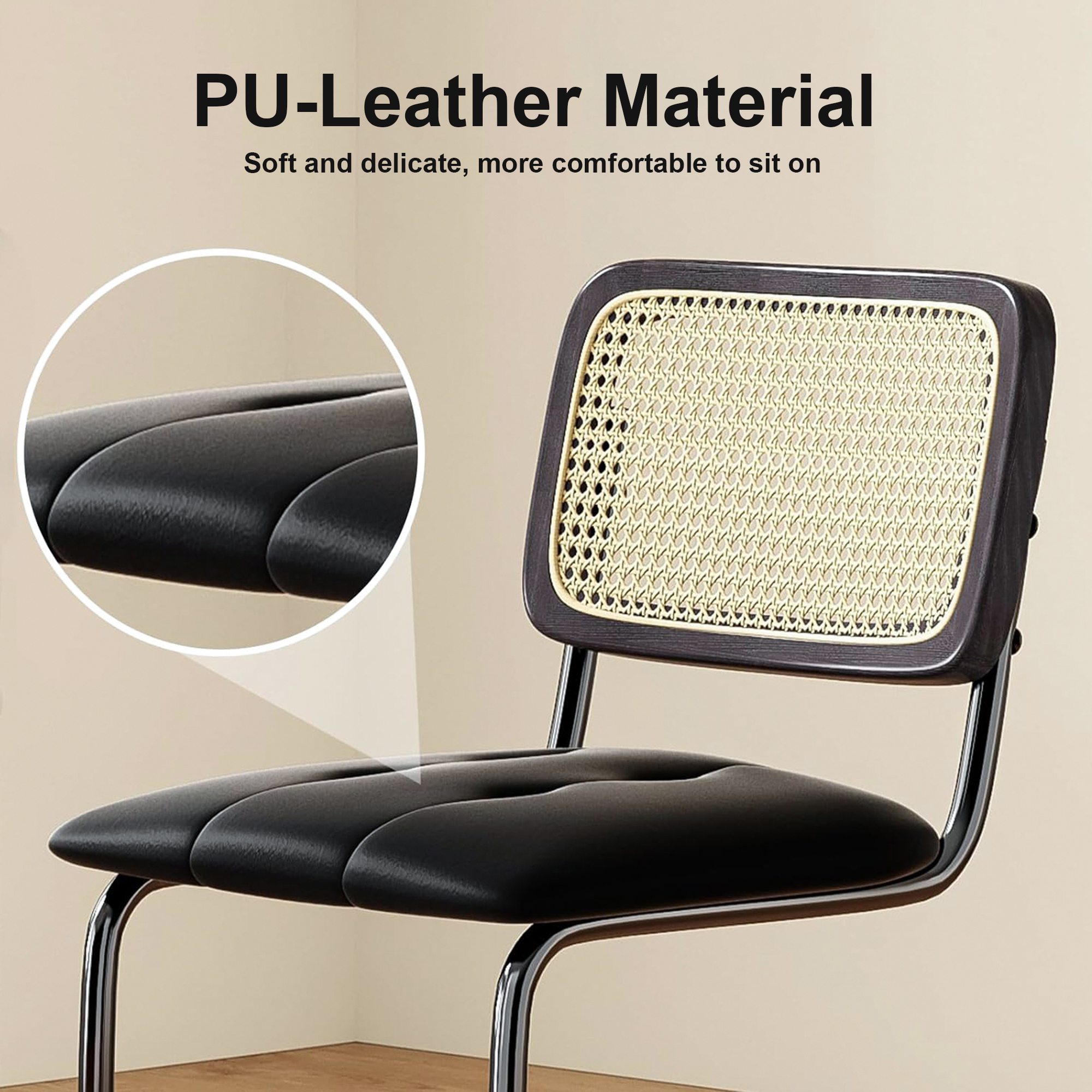 MAYEERTY 26" Black Counter Height Bar Stools Set of 2, PU Leather & Rattan Back, for Dining Areas