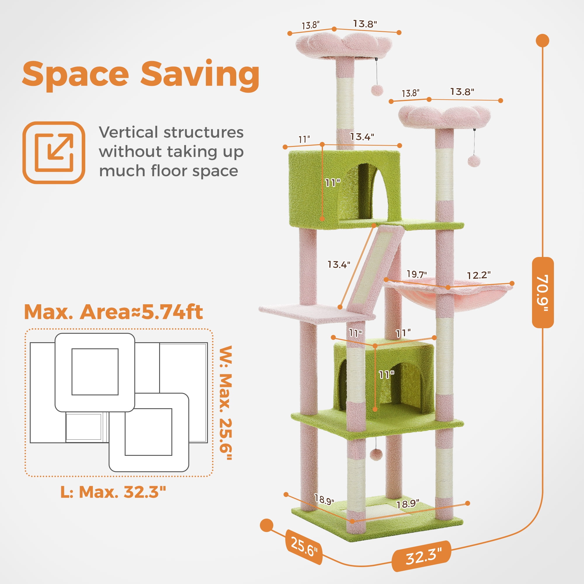 PEQULTI 71 " Large Cat Tree Tower for Cat with Dual Condos and 6 Scratching Posts Indoor Pink