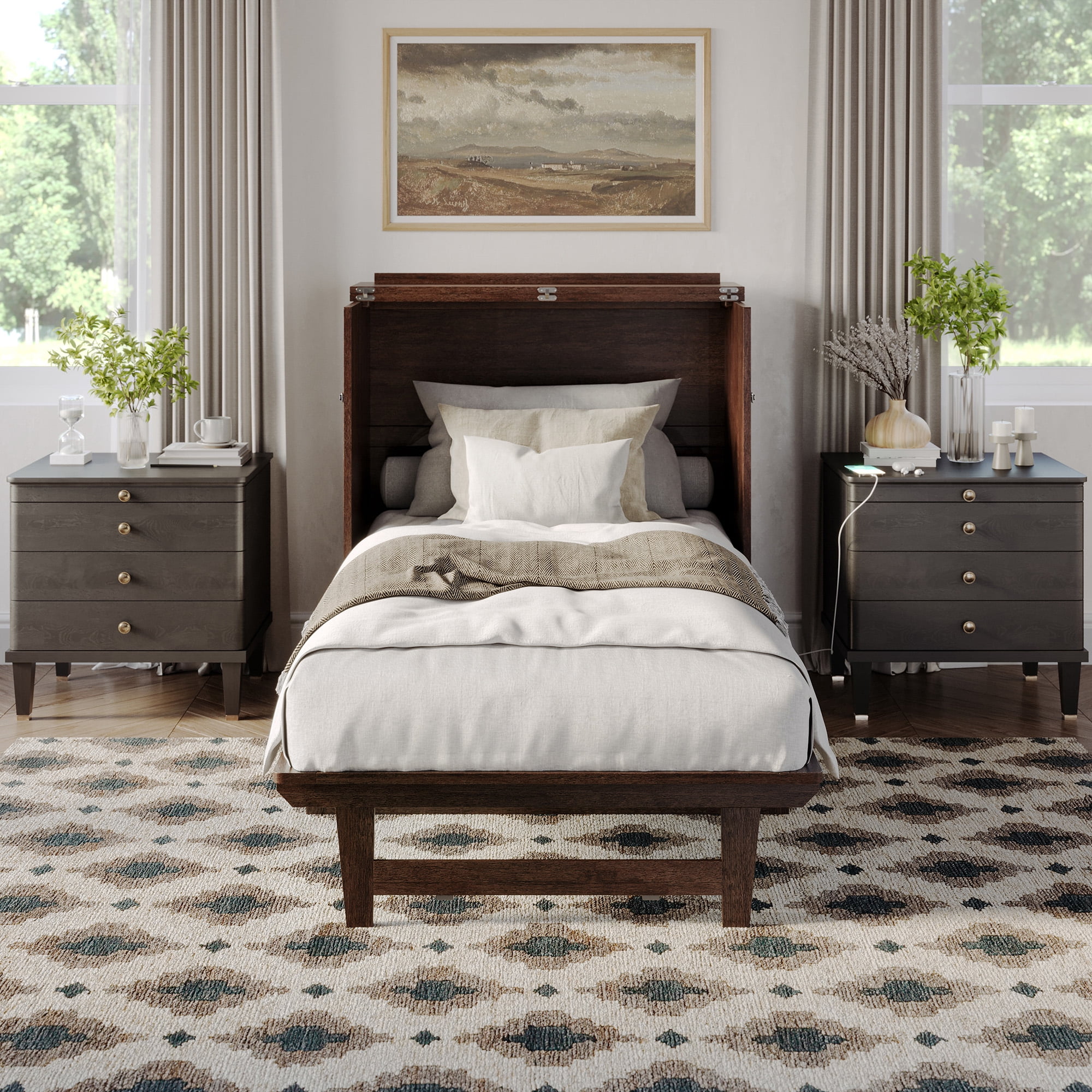 AFI Northfield Twin XL Wood Murphy Bed Chest with Mattress, Drawer & Charger, Burnt Amber
