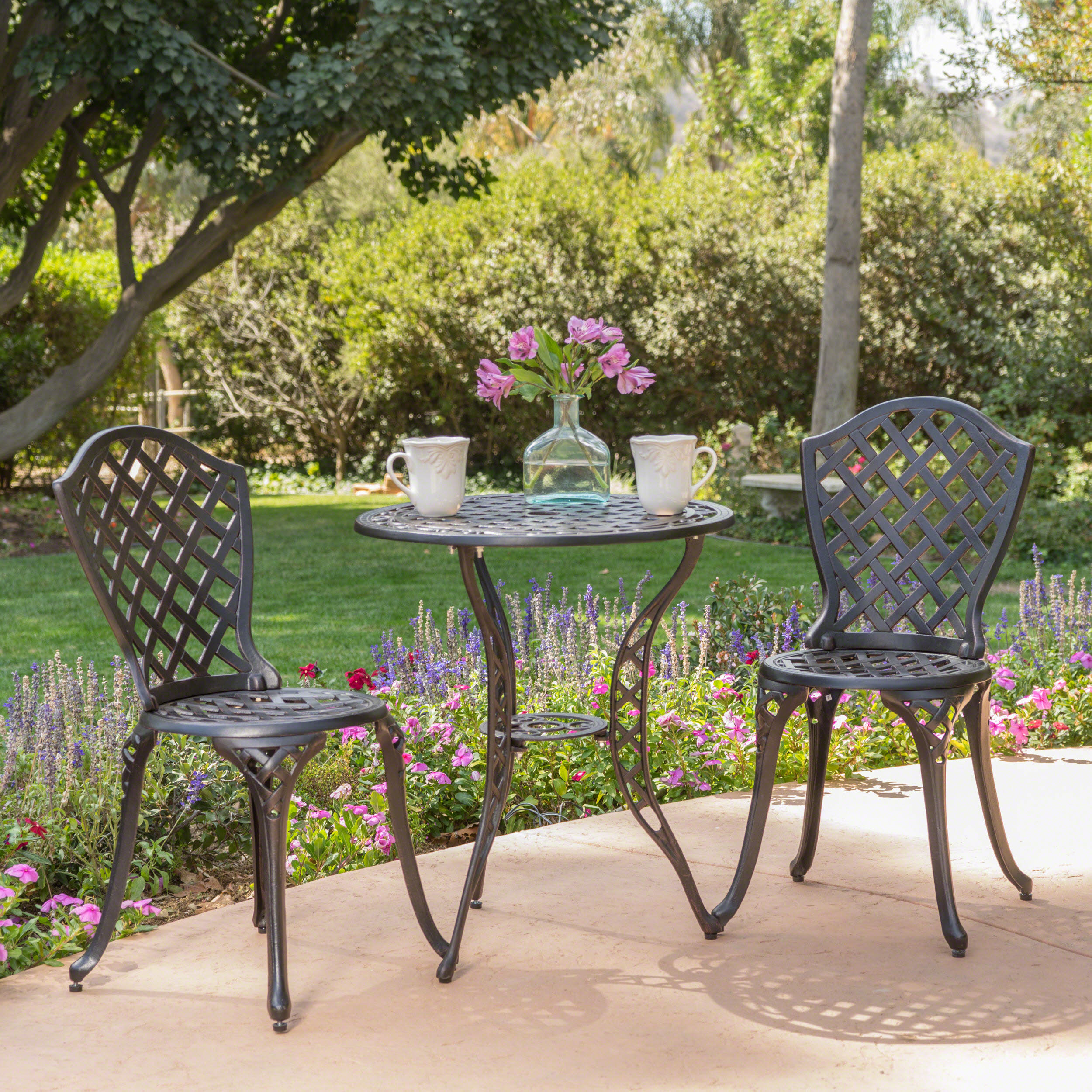 Outdoor Lattice Pattern Metal Leisure Bistro Set, Combined Table and Chairs Furniture for Patio Garden, Copper and Bronze