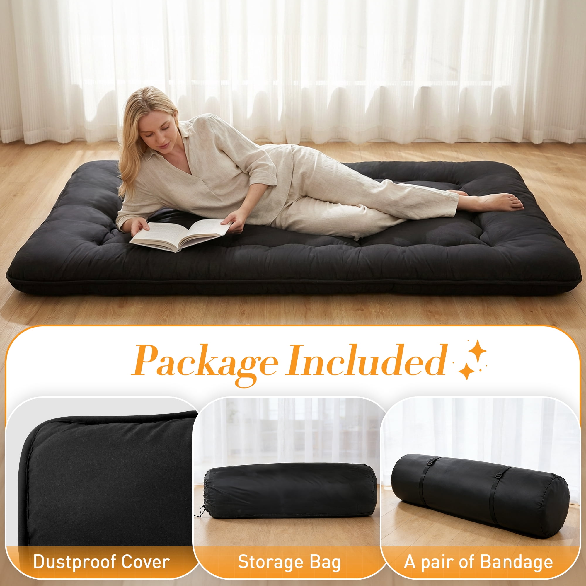 CONCETTA Memory Foam Futon Mattress, Twin Size, Foldable Tatami Floor Mattress with Storage Bag, Black