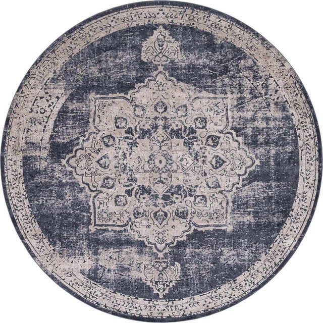 Unique Loom Chateau Medallion Rustic Rug 8' x 8' Round Navy Blue/Beige