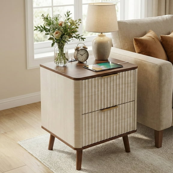 TrumanPick Fluted Nightstand for Bedroom with USB Charging Station, Modern 2-Drawer Bedside Table End Table with Storage for Living Room Sofa Side, 18"D ×18"W× 24"H, Natural & Walnut Finish