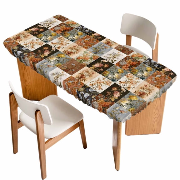 Floral Patchwork Table Cloths for 6 Foot Rectangle Tables, Vintage Country Geometric Flower Patio Waterproof Elastic Fitted Tablecloths, Washable Rectangular Table Cover for Camping