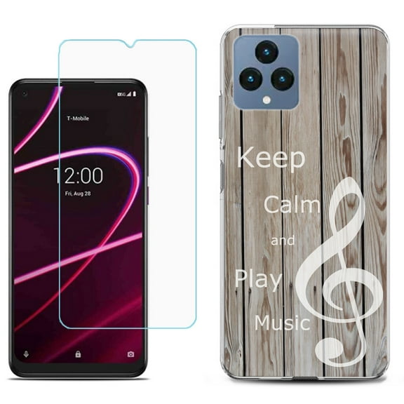 Slim-Fit Gel TPU Fashion Phone Case for T-Mobile Revvl 6 5G, with Tempered Glass Screen Protector, by OneToughShield ® - Wood/Music