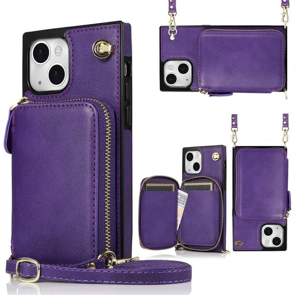 iPhone 13 Pro Max Wallet Case with Crossbody Strap,  Zipper Pocket Purse Phone Case with RFID Blocking Card Holder Compatible with iPhone 13 Pro Max, Purple