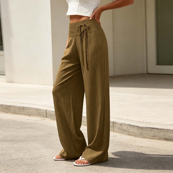 Costeam Womens Horizontal Striped Wide Leg Pants Wrap Tie Side High Waist Full Length Lightweight Wrinkle Friendly Loose Flowy Casual Vacation Trousers
