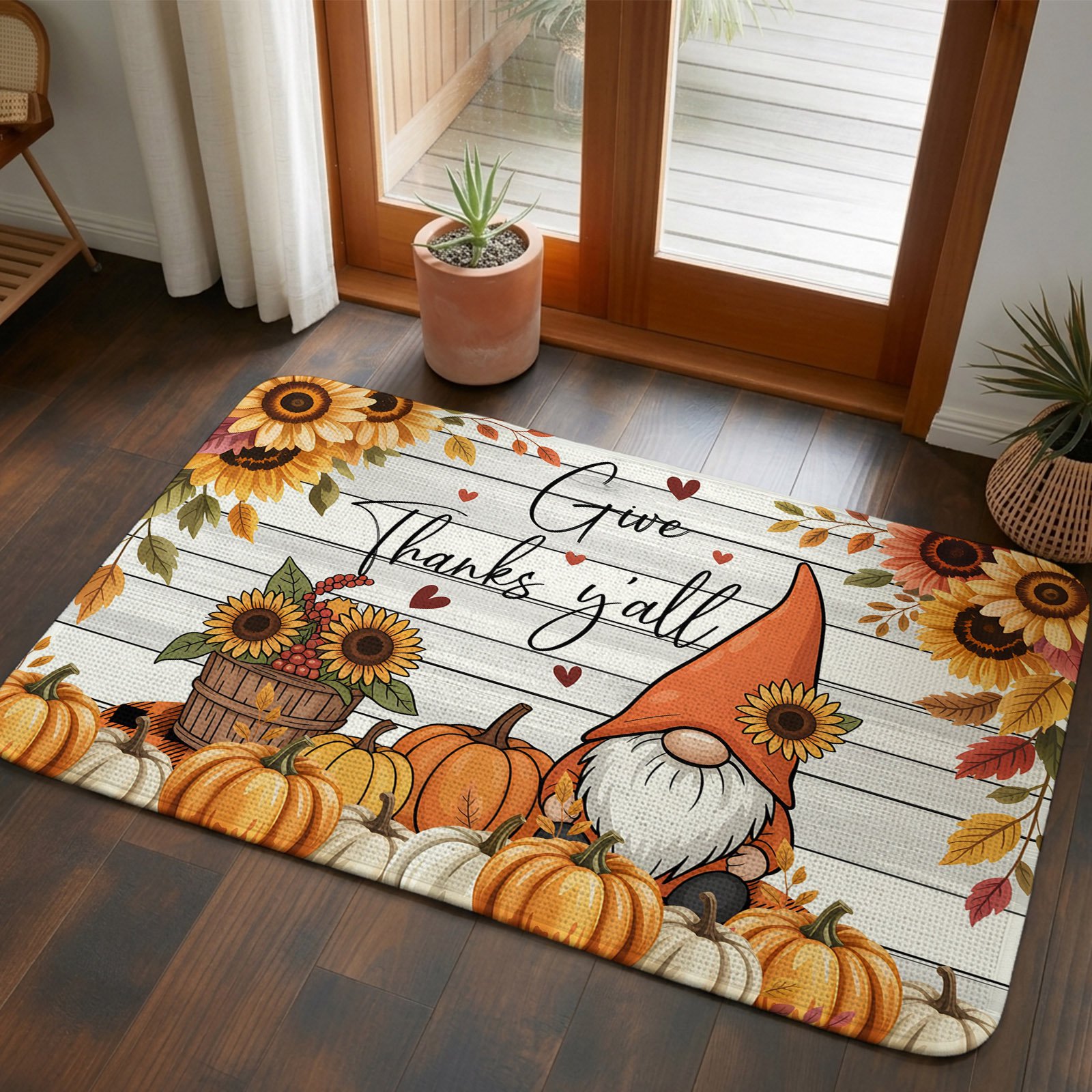 Front Door Mat Indoor Outdoor 19.7 x31.5 Fall Gnomes Absorbent Non Slip Welcome Mat Thanksgiving Pumpkins Sunflower Gray Wooden Low Profile Entryway Rug for Front Entrance Porch Back Door Patio