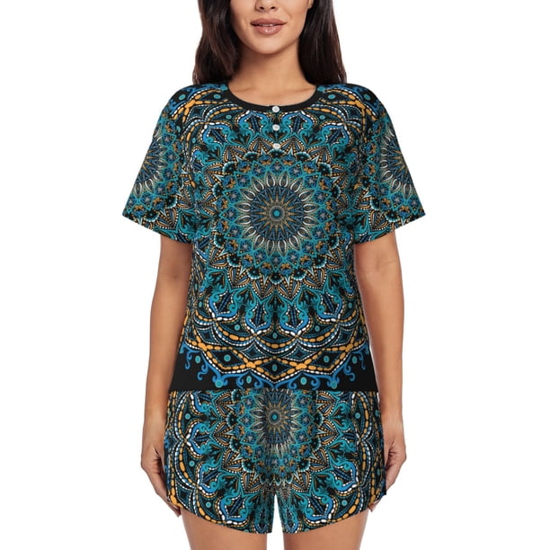 Fotbe Mandala Conjunto de Pijama Estampado para Mujer, 2 Piezas, Ropa de Dormir con Camiseta de Manga Corta y Shorts Suaves-Large