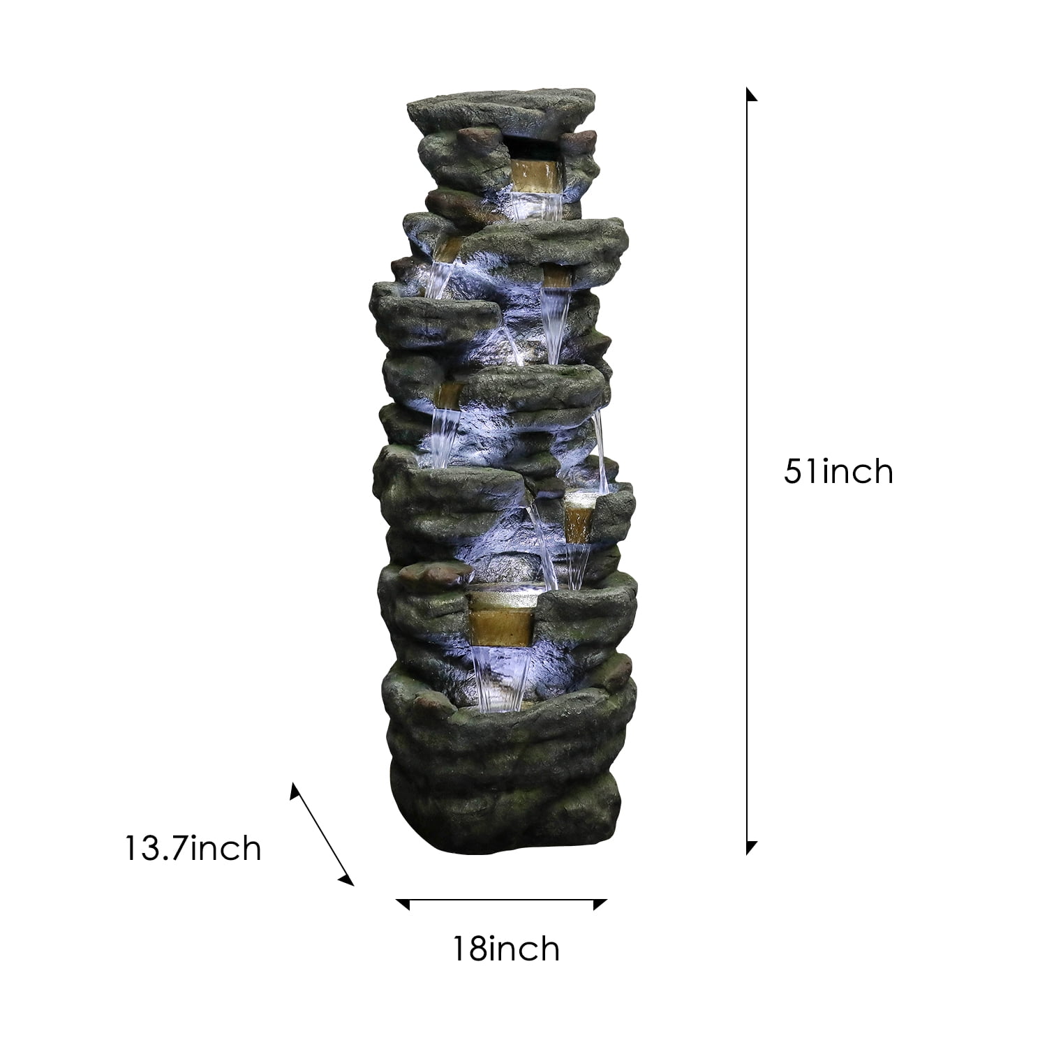 51" H Outdoor Water Fountain - 7-Tiers Rock Waterfall Fountain with LED Lights for Home Garden Decor